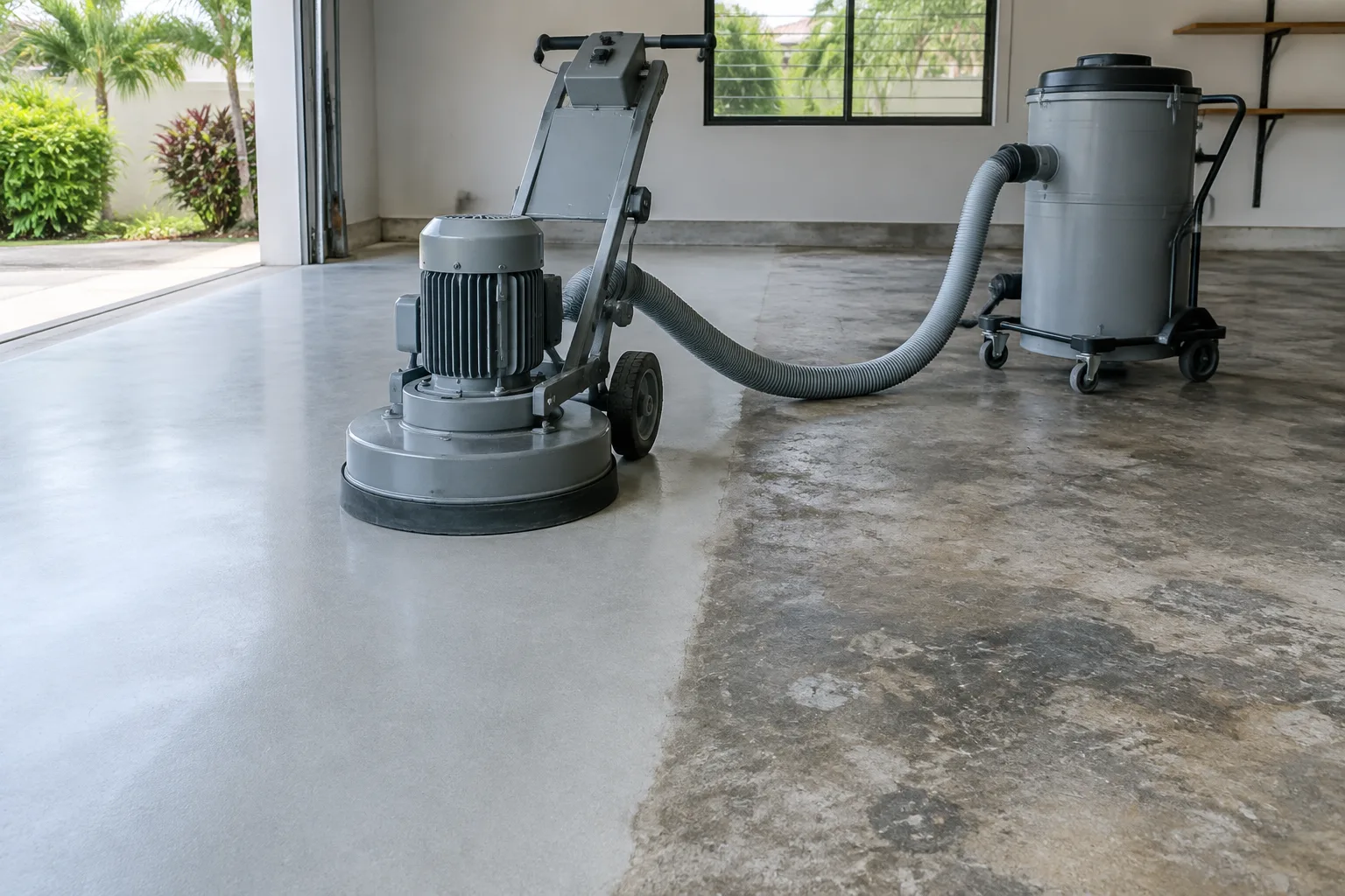 Floor grinder linked to a dust extractor on a slab, the ground half clean and the unground half stained