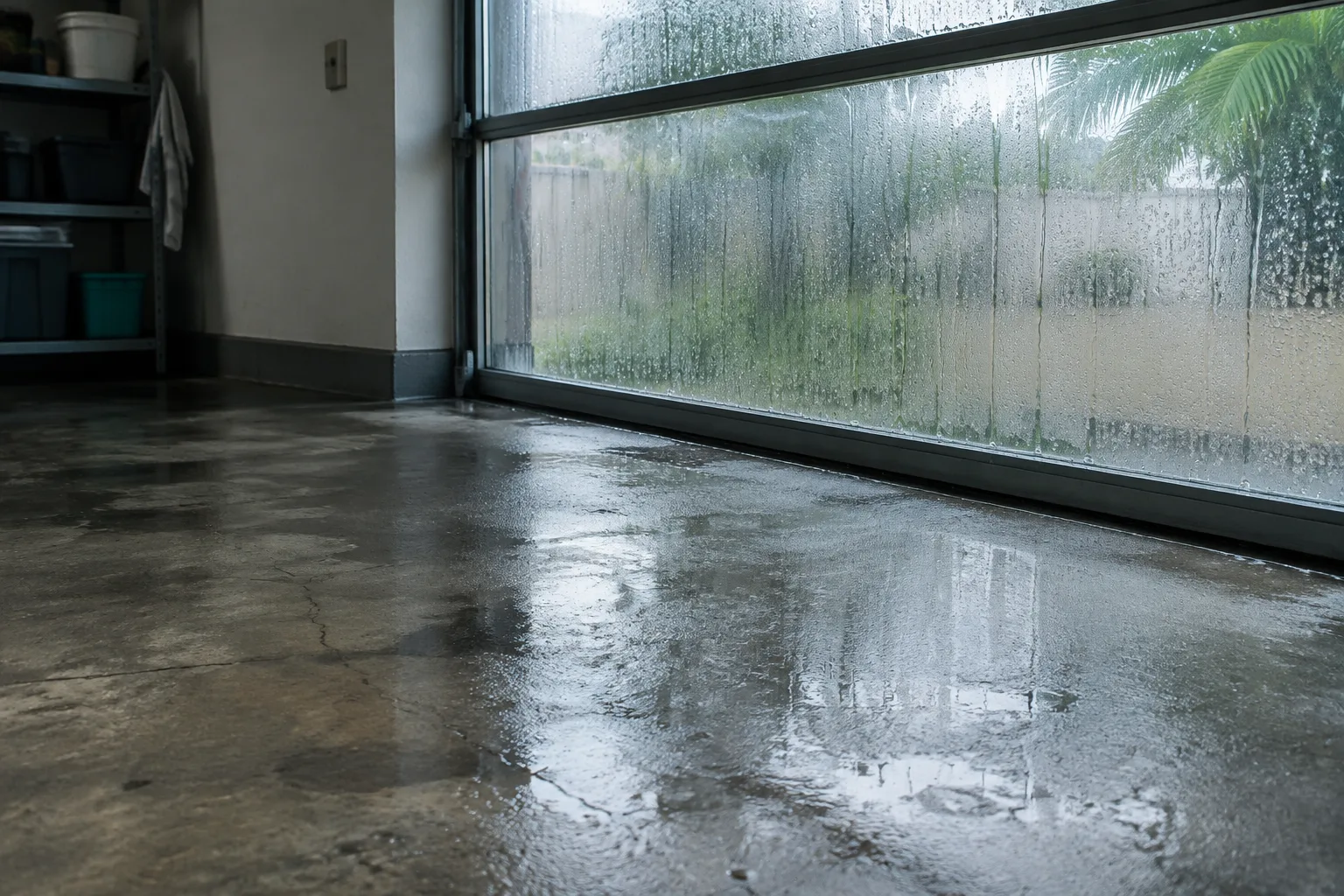 Condensation running down a garage window on a humid day, above a damp, darkened concrete floor