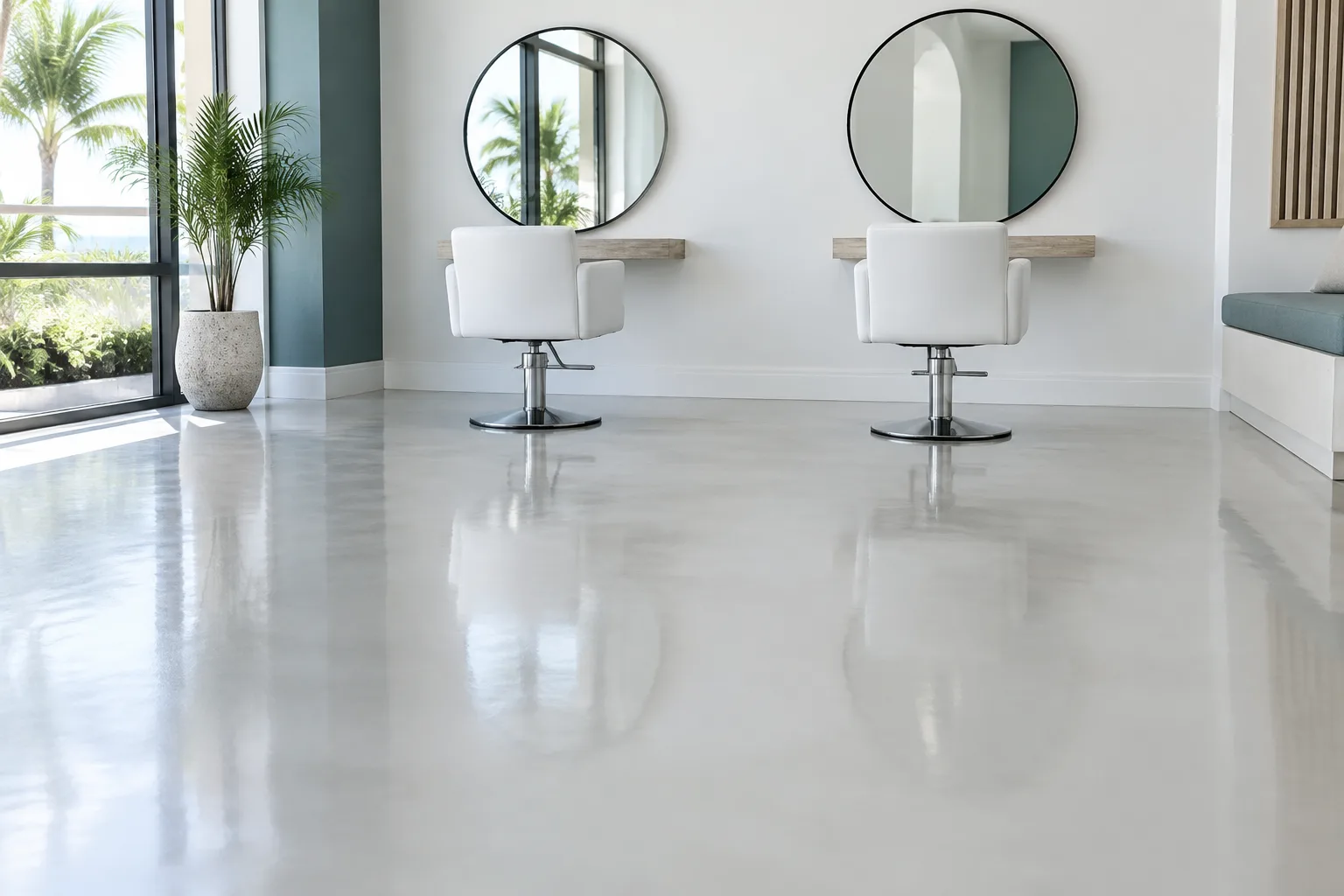 Glossy off-white floor in a salon with two white styling chairs and round mirrors