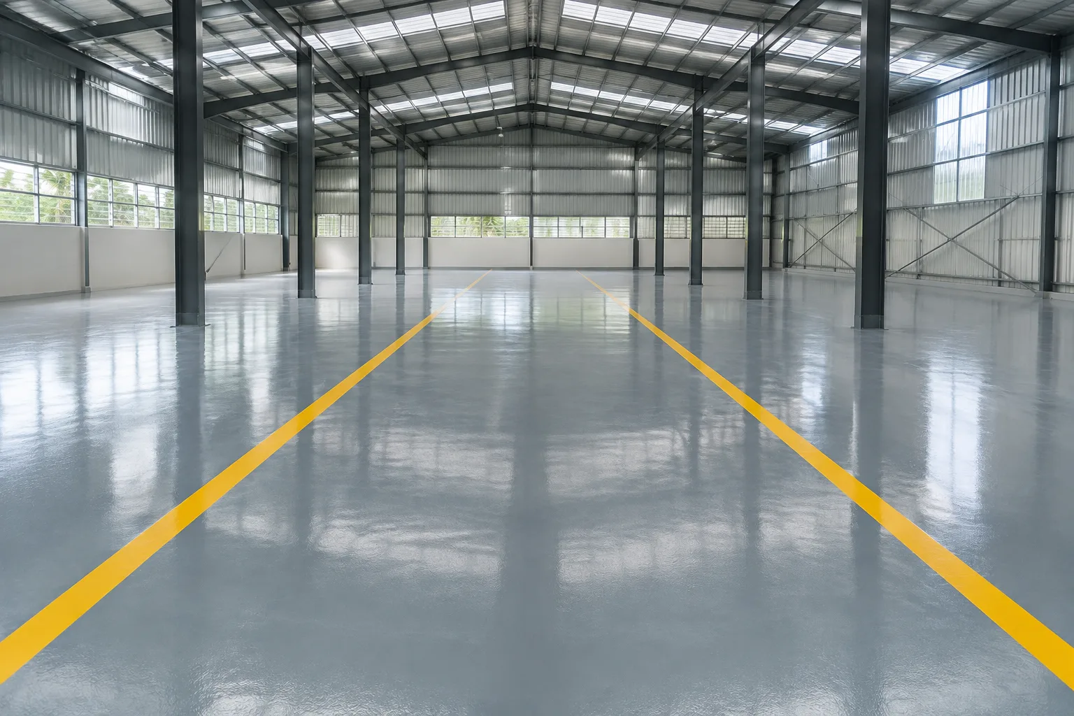 Glossy grey floor with two straight yellow lane lines through an empty steel-framed warehouse