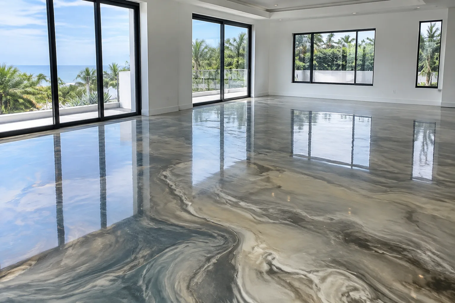 Metallic epoxy in grey, pewter and cream swirls across an empty room with tall windows