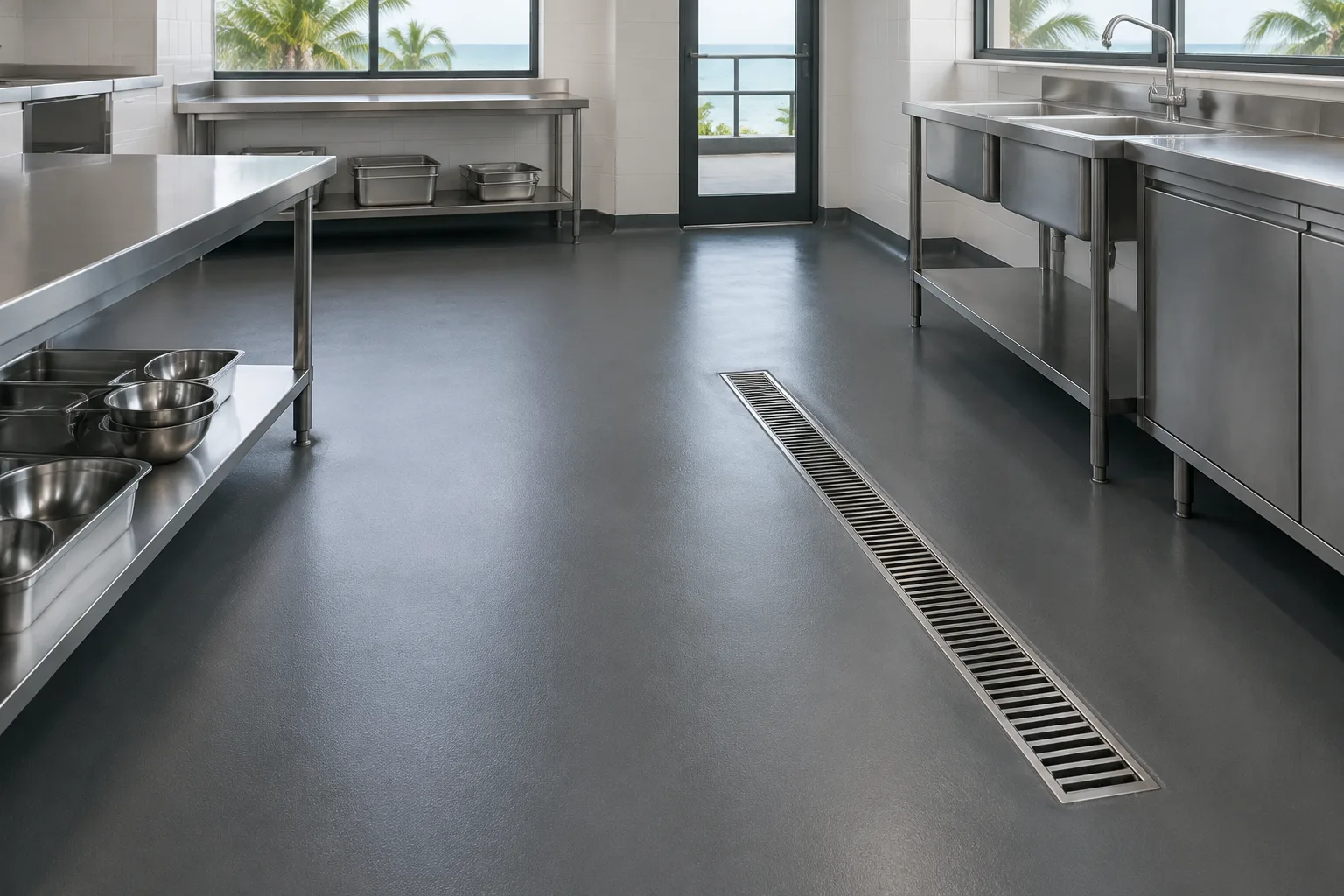 Seamless matte charcoal floor with a slot drain in a stainless steel commercial kitchen