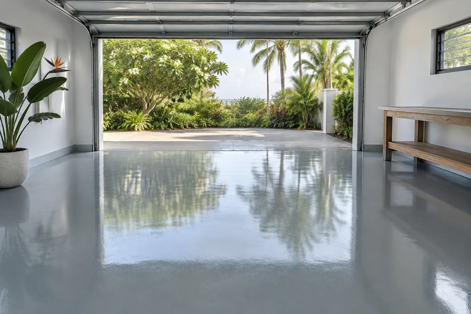 Empty garage with a glossy pale-grey epoxy floor reflecting palms and frangipani through the open door