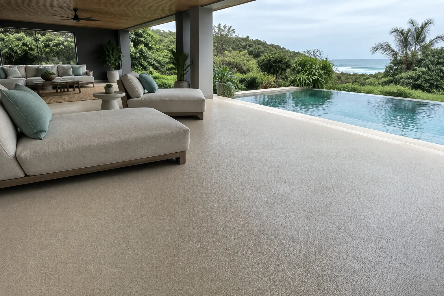 Covered patio with a sand-coloured textured floor beside an infinity pool, coastal bush and the sea