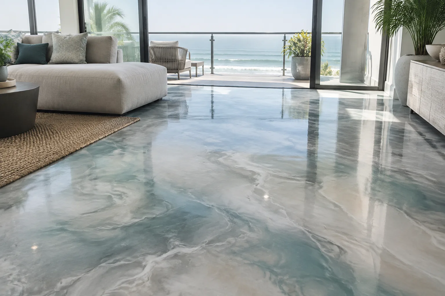 Metallic epoxy floor with pearl, grey and sea-green swirls in a lounge opening onto a balcony above the sea