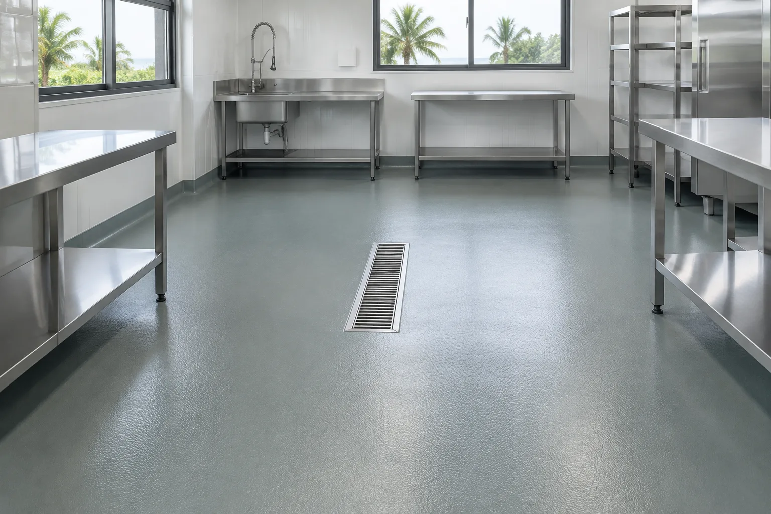 Food-prep room with stainless benches, a slot drain and a matte textured grey floor coved up to the wall